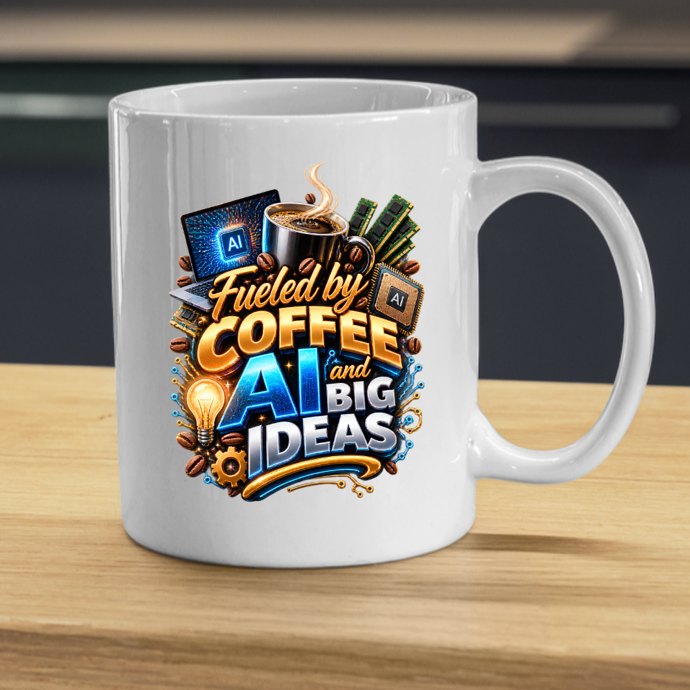 Tech Mug "Fueled By Coffee AI And Big Ideas" Fueled By Coffee AI And Big Ideas 325ml Ceramic Coffee Mug – Tech Programmer Mug with Laptop, CPU Chip & RAM | Gift for Developers & IT Specialists | Fast Dispatch by UK Seller (M3325)