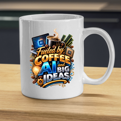 Tech Mug "Fueled By Coffee AI And Big Ideas" Fueled By Coffee AI And Big Ideas 325ml Ceramic Coffee Mug – Tech Programmer Mug with Laptop, CPU Chip & RAM | Gift for Developers & IT Specialists | Fast Dispatch by UK Seller (M3325)