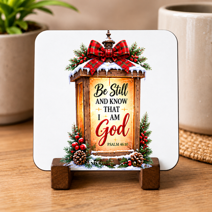 Inspirational Religious Hardboard Coaster "Be Still And Know That I Am God" Graphic 9cm x 9cm Square Drinks Coaster “ Rustic Lit Wooden Lant