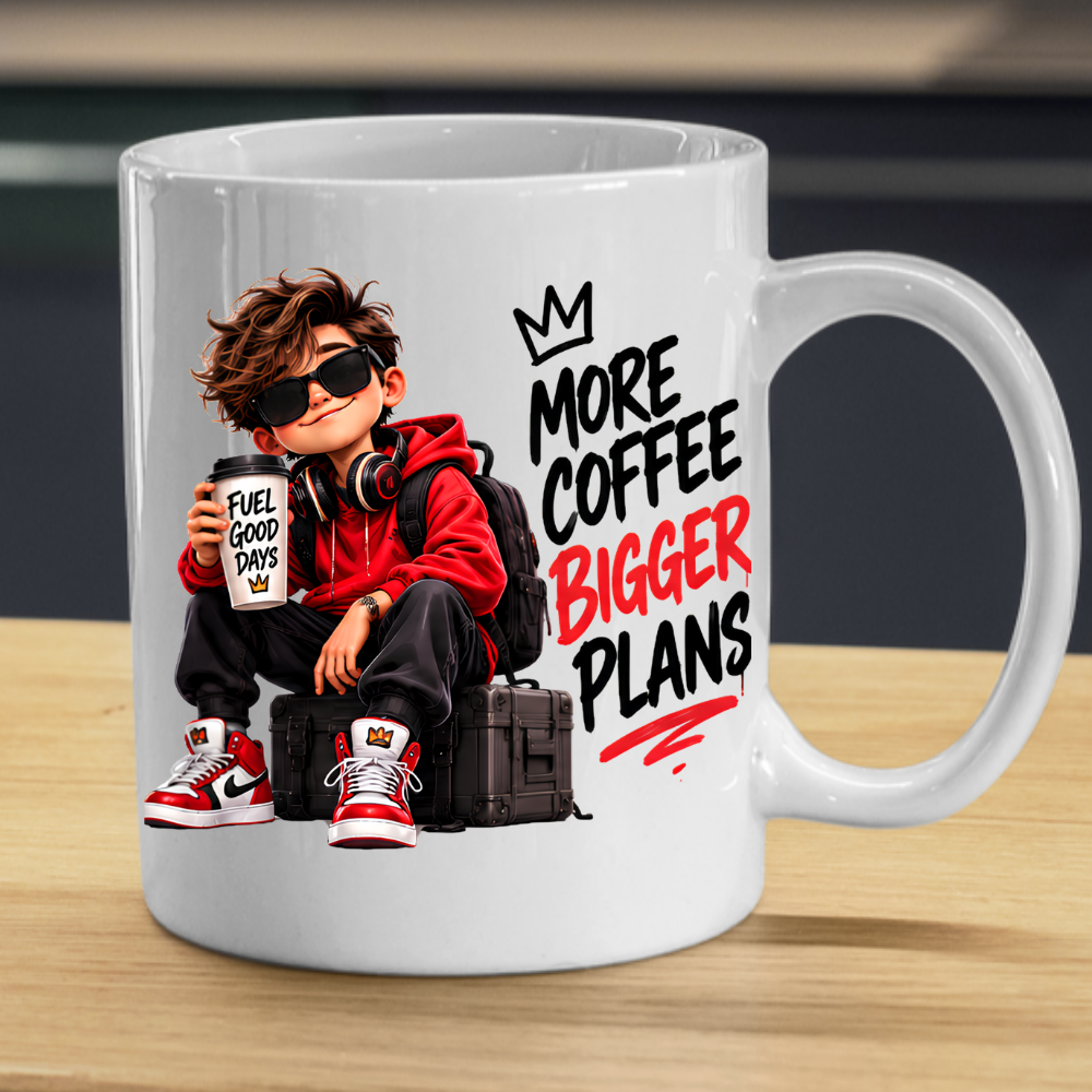 Motivational Mug "More Coffee Bigger Plans" 325ml Ceramic Coffee Tea Cup – Cool Boy Graphic, Red Hoodie, Sunglasses & Slogan Novelty Gift for Coffee Lovers, Teens, Birthday – Fast Dispatch by UK Seller (M3499)