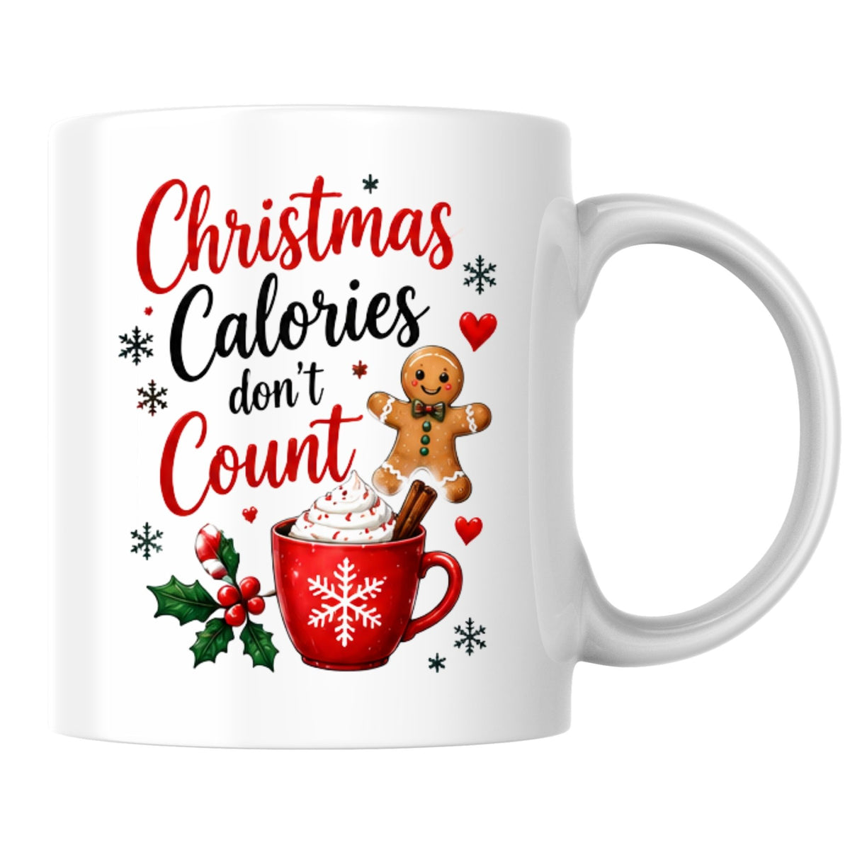 Festive Mug "Christmas Calories don't Count" Gingerbread & Hot Chocolate 325ml Ceramic Coffee Mug – Sweet Winter Holiday Tea Cup with Whipped Cream Holiday Treats | Available in Multicolours | Fast Dispatch by UK Seller (M1267)