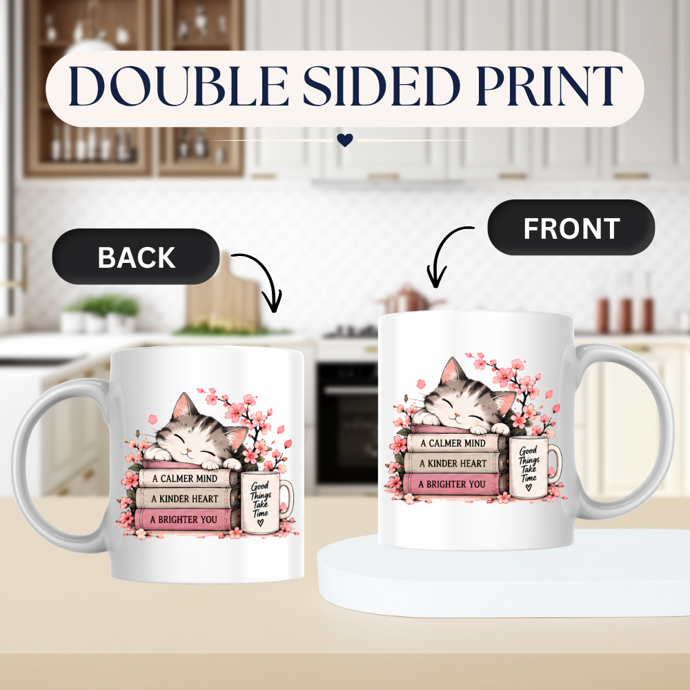 Inspirational Cat Mug "A CALMER MIND A KINDER HEART A BRIGHTER YOU" Sleeping Kitten & Books 325ml Ceramic Coffee Mug Mindful Tea Cup with Cherry Blossoms & Mug Graphic Gift | Available in Multicolours | Fast Dispatch by UK Seller (M3033)