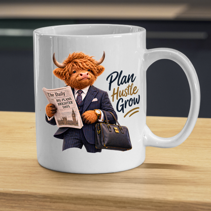 Gentleman Mug "Plan Hustle Grow Businessman Highland Cow" 325ml Ceramic Coffee Mug – Dapper Highland Cow Businessman Reading Newspaper With Leather Briefcase Office Career Gift | Available in Multicolours | Fast Dispatch by UK Seller (M3285)