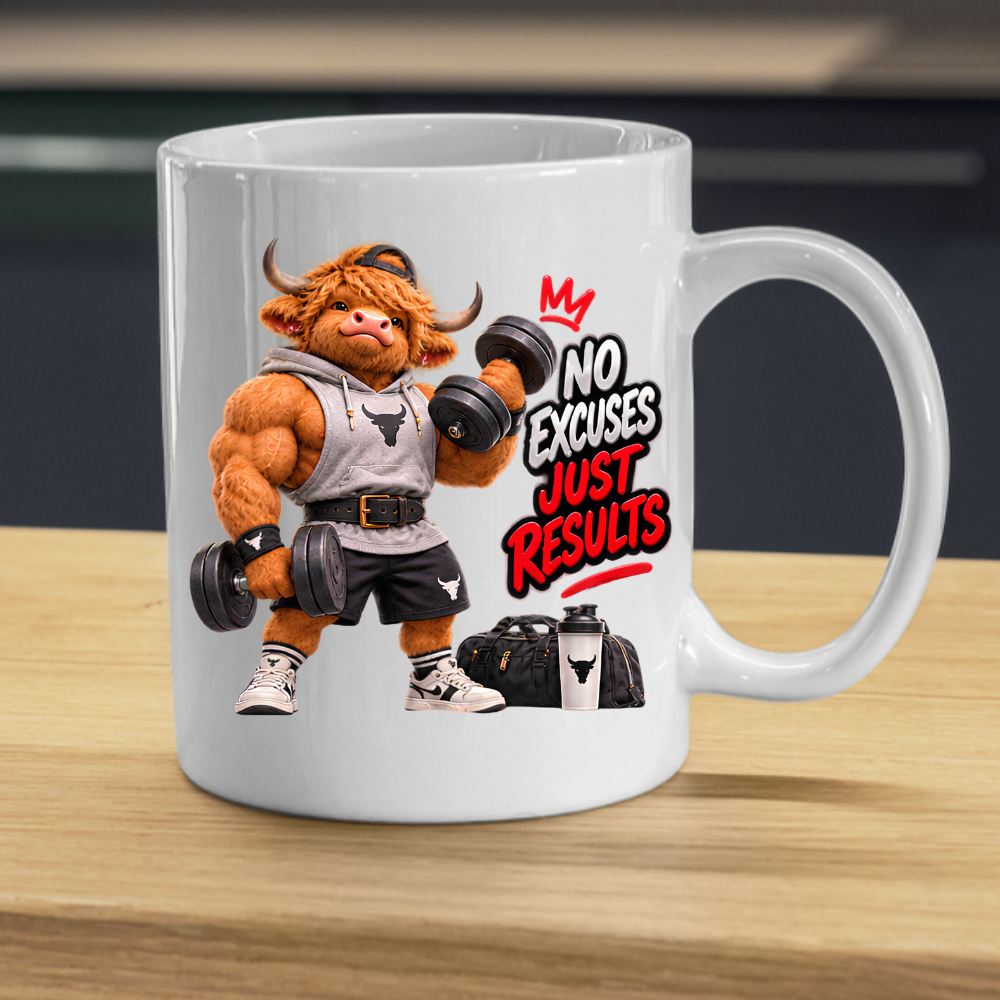 Gym Mug "No Excuses Just Results Muscular Highland Cow" No Excuses Just Results 325ml Ceramic Coffee Mug – Muscular Highland Cow Lifting Dumbbells In Hoodie Lifting Belt Gym Fitness Gift | Available in Multicolours | Fast Dispatch by UK Seller (M3273)