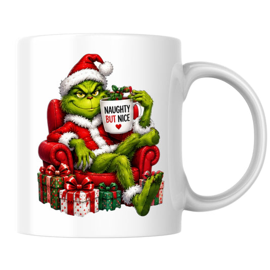 Sarcastic Mug "Naughty But Nice" Green Holiday Character 325ml Ceramic Coffee Mug Funny Grumpy Christmas Tea Cup with Santa Suit & Armchair Gift | Available in Multicolours | Fast Dispatch by UK Seller (M1239)