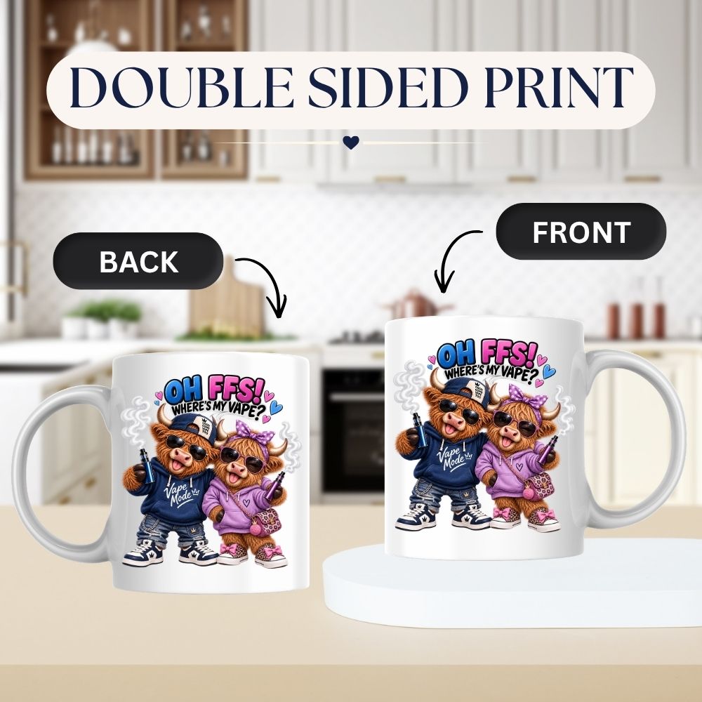 Funny Mug Highland Cow Couple "Oh FFS! Where's My V?" Coffee Mug Sarcastic Meme Animals Ceramic Tea Cup & Novelty Streetwear Gift 325ml | Available in Multicolours | Fast Dispatch by UK Seller (M1322)