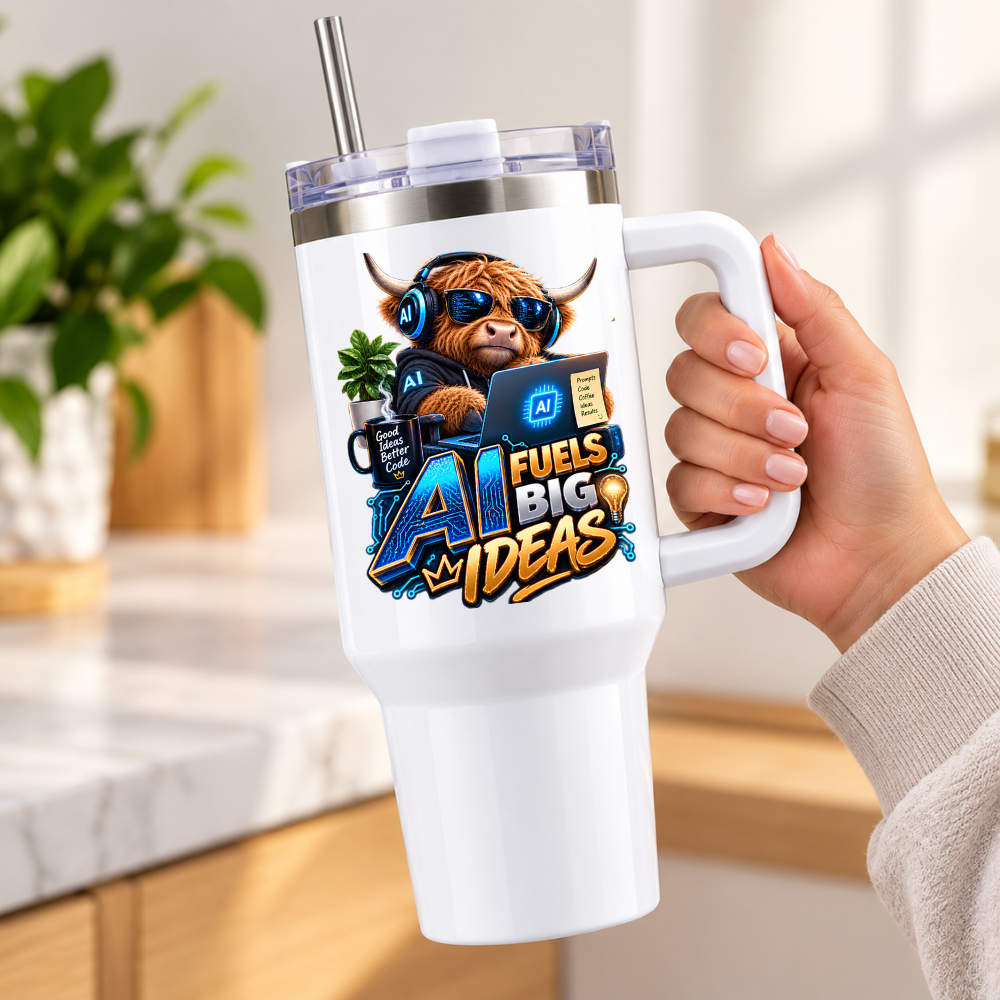 Funny Tech Highland Cow Travel Tumbler "AI Fuels Big Ideas" Graphic 40oz Stainless Steel Insulated Mug with Handle & Straw – Coding Cow in Sunglasses, Headphones, Laptop & Coffee Mug Novelty Gift for Coders & Office | Fast Dispatch by UK Seller (T3057)