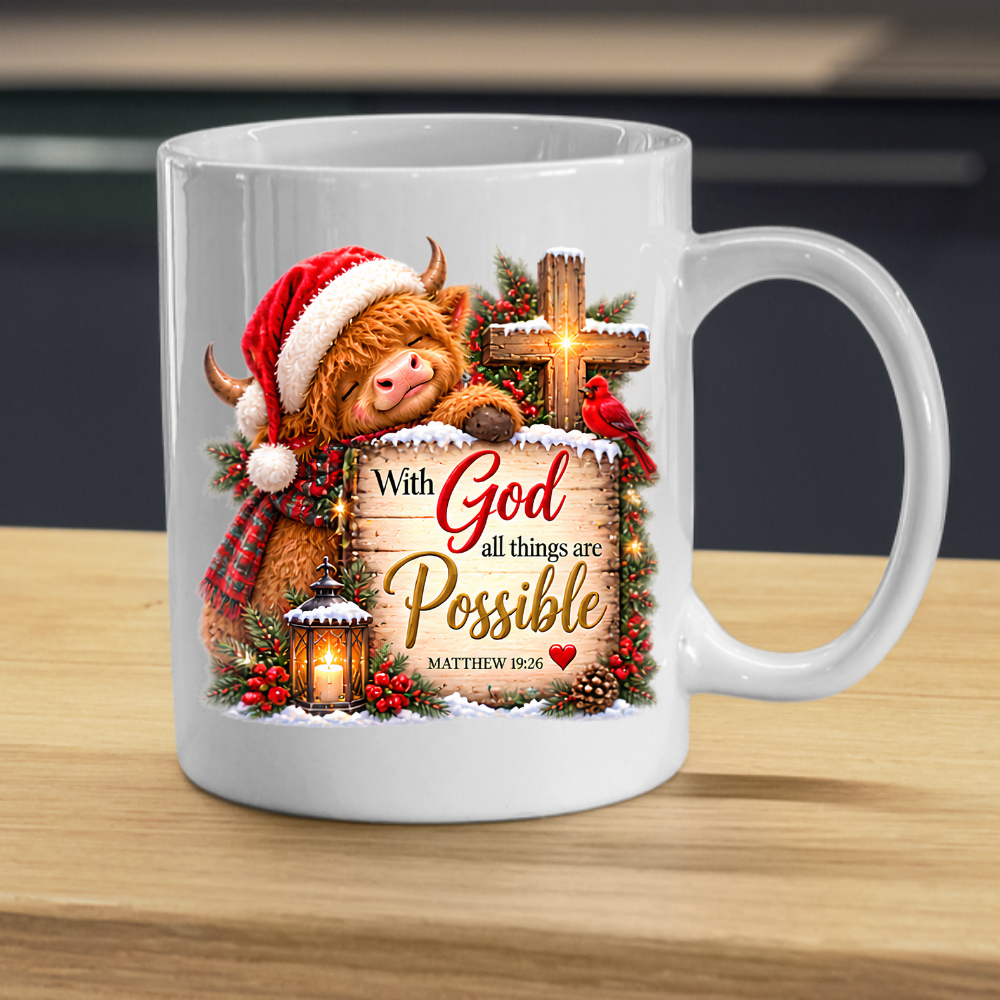 Christmas Mug "With God All Things Are Possible Highland Cow" Matthew 19:26 325ml Ceramic Coffee Mug – Festive Highland Cow Mug With Cross Cardinal Lantern Christian Holiday Gift | Available in Multicolours | Fast Dispatch by UK Seller (M3307)