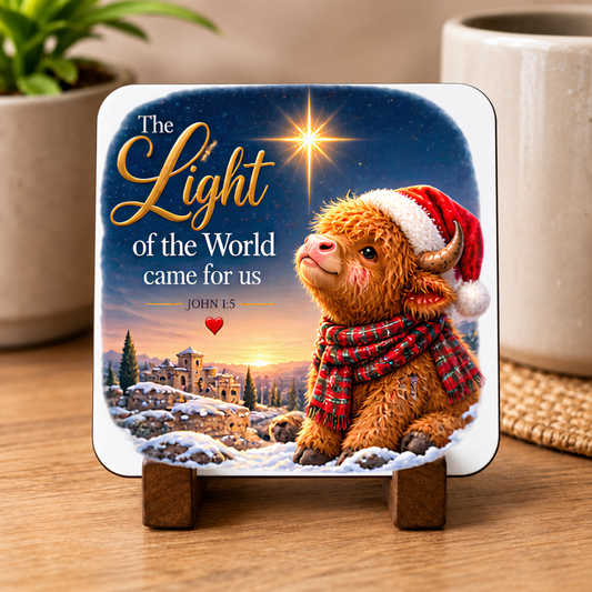 Festive Christian Christmas Coaster "The Light of the World Came for Us John 1:5" Graphic Glossy Hardboard 9x9cm Drinks Mat – Highland Cow, Star of Bethlehem & Snowy Bethlehem Scene Holiday Tableware Gift | Fast Dispatch by UK Seller (C3062)