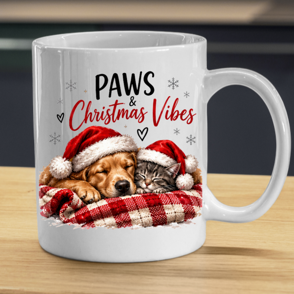 Christmas Dog & Cat Mug "Paws & Christmas Vibes" Paws & Christmas Vibes 325ml Ceramic Coffee Mug – Cute Sleeping Golden Retriever & Tabby Cat in Santa Hats on Plaid Blanket | Festive Holiday Gift | Fast Dispatch by UK Seller (M3405)