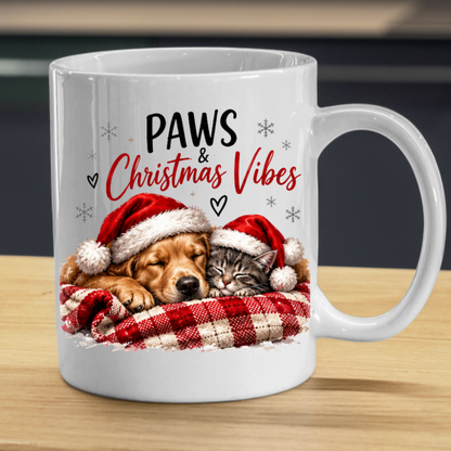 Christmas Dog & Cat Mug "Paws & Christmas Vibes" Paws & Christmas Vibes 325ml Ceramic Coffee Mug – Cute Sleeping Golden Retriever & Tabby Cat in Santa Hats on Plaid Blanket | Festive Holiday Gift | Fast Dispatch by UK Seller (M3405)