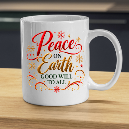 Christmas Mug "Peace On Earth Good Will To All" 325ml Ceramic Coffee Mug – Festive Christmas Blessing Mug With Gold Snowflakes Red Calligraphy Religious Holiday Gift | Available in Multicolours | Fast Dispatch by UK Seller (M3293)