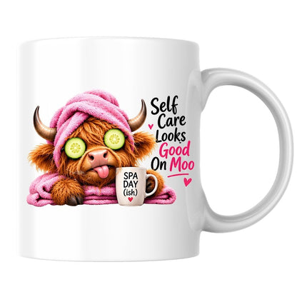 Humorous Mug "Self Care Looks Good On Moo" Highland Cow 325ml Ceramic Coffee Mug Cute Animal Tea Cup with Spa Cucumber Eyes, Pink Towel & Mug Gift | Available in Multicolours | Fast Dispatch by UK Seller (M1277)