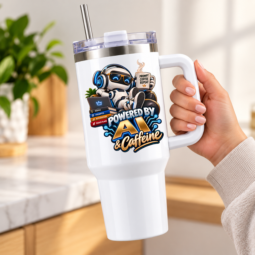 Funny Tech Travel Tumbler "POWERED BY AI & Caffeine" Graphic 40oz Stainless Steel Insulated Travel Mug with Handle & Straw – Cool Robot with Laptop, Coffee Mug & Prompts Books Novelty Gift for Coders, Techies & Office | Fast Dispatch by UK Seller (T3047)