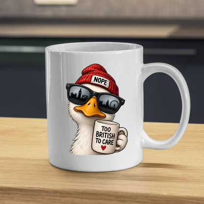 British Humour Mug "TOO BRITISH TO CARE" Funny Duck 325ml Ceramic Coffee Mug Cheeky London Duck Tea Cup with Union Jack-Inspired British Artwork Gift | Available in Multicolours | Fast Dispatch by UK Seller (M3002)