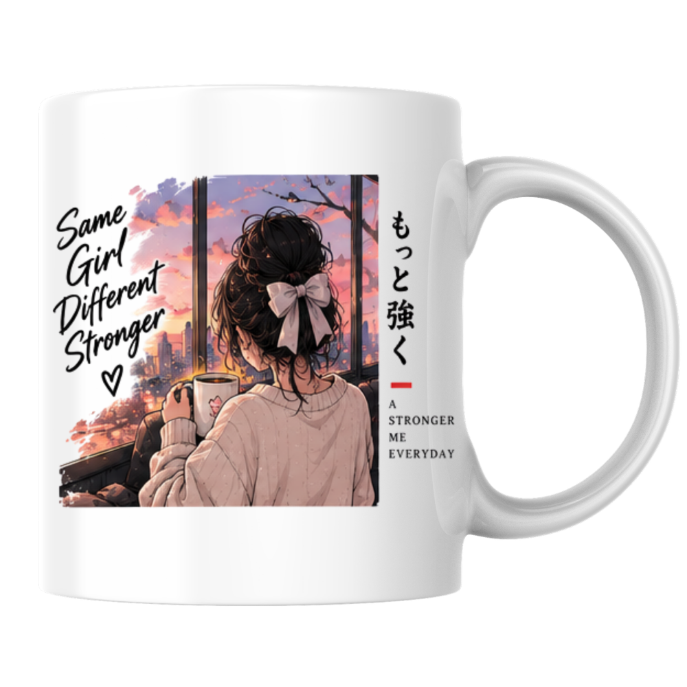 Inspirational Anime Girl Mug "Same Girl Different Stronger" Sunset Window 325ml Ceramic Coffee Mug – Aesthetic Mindful Tea Cup with Japanese Kanji Graphic Gift | Available in Multicolours | Fast Dispatch by UK Seller (M3034)