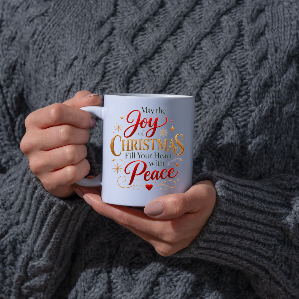 Christmas Mug "May The Joy Of Christmas Fill Your Heart With Peace" 325ml Ceramic Coffee Mug Festive Typography Mug With Gold Stars Snowflakes Holiday Gift | Available in Multicolours | Fast Dispatch by UK Seller (M3313)