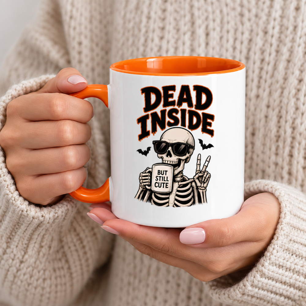 Halloween Mug "Dead Inside But Still Cute Skeleton" Dead Inside But Still Cute Skeleton 325ml Ceramic Coffee Mug – Funny Halloween Autumn Tea Cup With Sunglasses Peace Sign Graphic Gift | Available in Multicolours | Fast Dispatch by UK Seller (M3204)