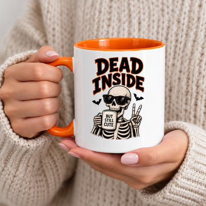 Halloween Mug "Dead Inside But Still Cute Skeleton" Dead Inside But Still Cute Skeleton 325ml Ceramic Coffee Mug – Funny Halloween Autumn Tea Cup With Sunglasses Peace Sign Graphic Gift | Available in Multicolours | Fast Dispatch by UK Seller (M3204)