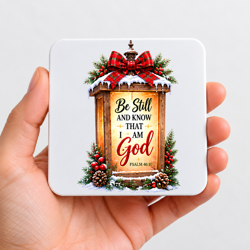 Inspirational Religious Hardboard Coaster "Be Still And Know That I Am God" Graphic 9cm x 9cm Square Drinks Coaster “ Rustic Lit Wooden Lant