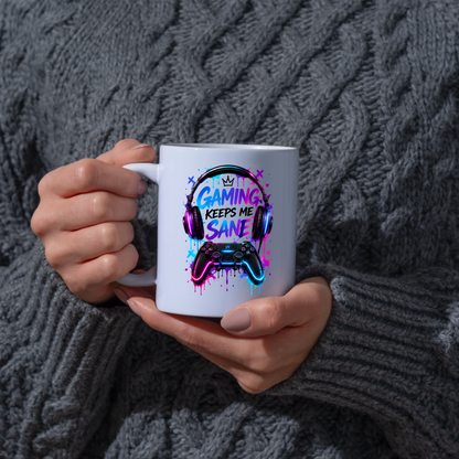 Gaming Mug "Gaming Keeps Me Sane" Gaming Keeps Me Sane 325ml Ceramic Coffee Mug – Neon Headset & Controller Mug with Blue and Pink Paint Splatter Art | Gamer Gift | Fast Dispatch by UK Seller (M3345)