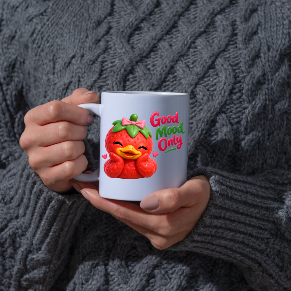 Inspirational Mug "Good Mood Only Strawberry Duck" Good Mood Only 325ml Ceramic Coffee Mug – Cute Smiling Strawberry Duck with Pink Bow | Available in Multicolours | Fast Dispatch by UK Seller (M3248)