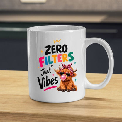 Sassy Mug "Zero Filters Just Vibes" Highland Cow 325ml Ceramic Coffee Mug Cute Animal Tea Cup with Heart Sunglasses, Pink Bow & Bubblegum Gift | Available in Multicolours | Fast Dispatch by UK Seller (M1284)