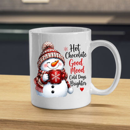 Cozy Mug "Hot Chocolate Good Mood Cold Days Brighter" Snowman 325ml Ceramic Coffee Mug – Cute Winter Holiday Tea Cup with Beanie & Hot Cocoa Gift | Available in Multicolours | Fast Dispatch by UK Seller (M1247)