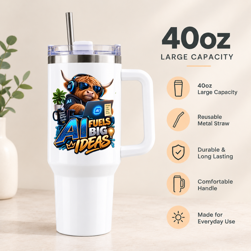 Funny Tech Highland Cow Travel Tumbler "AI Fuels Big Ideas" Graphic 40oz Stainless Steel Insulated Mug with Handle & Straw – Coding Cow in Sunglasses, Headphones, Laptop & Coffee Mug Novelty Gift for Coders & Office | Fast Dispatch by UK Seller (T3057)