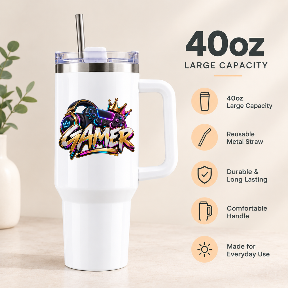 Gamer Headphones & Controller Travel Tumbler "GAMER" Graphic 40oz Stainless Steel Insulated Travel Mug with Handle & Straw – Metallic Neon Headset, Gamepad, Crown & Graffiti Style Text Novelty Travel Cup | Fast Dispatch by UK Seller (T3038)