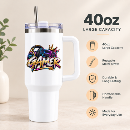 Gamer Headphones & Controller Travel Tumbler "GAMER" Graphic 40oz Stainless Steel Insulated Travel Mug with Handle & Straw – Metallic Neon Headset, Gamepad, Crown & Graffiti Style Text Novelty Travel Cup | Fast Dispatch by UK Seller (T3038)