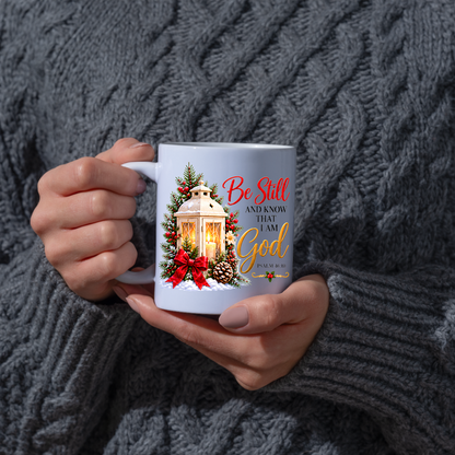 Religious Christmas Mug "Be Still And Know That I Am God" Be Still And Know That I Am God 325ml Ceramic Coffee Mug – Christian Scripture Mug with Psalm 46:10, Lantern & Pinecones | Religious Holiday Gift | Fast Dispatch by UK Seller (M3339)