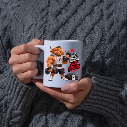 Gym Mug "No Excuses Just Results Muscular Highland Cow" No Excuses Just Results 325ml Ceramic Coffee Mug – Muscular Highland Cow Lifting Dumbbells In Hoodie Lifting Belt Gym Fitness Gift | Available in Multicolours | Fast Dispatch by UK Seller (M3273)