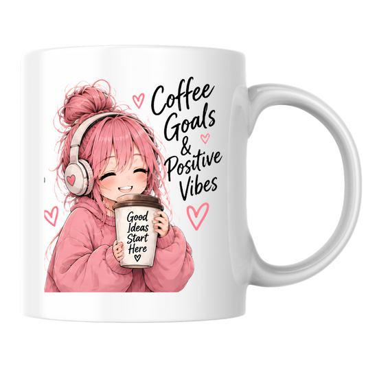 Inspirational Anime Mug "Coffee Goals & Positive Vibes" Cute Pink Hair Girl 325ml Ceramic Coffee Mug Aesthetic Work & Study Tea Cup with Headphones & Coffee Cup Graphic Gift | Available in Multicolours | Fast Dispatch by UK Seller (M3026)