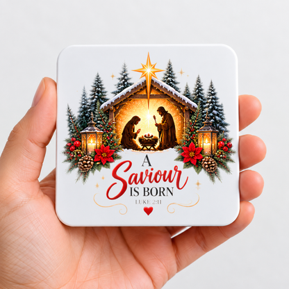 Christmas Nativity Hardboard Coaster "A Saviour Is Born" Graphic 9cm x 9cm Square Drinks Coaster “Holy Family Manger Silhouettes with Star of Bethlehem & Snowy Pine Forest Novelty Mat | Christian Glossy Gift | Fast Dispatch by UK Seller (C3042)