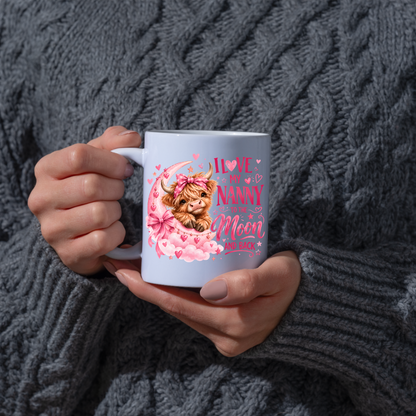 Cute Highland Cow Mug "I Love My Nanny To The Moon And Back" I Love My Nanny To The Moon And Back 325ml Ceramic Coffee Mug – Adorable Baby Highland Cow on Pink Moon with Bow & Hearts | Sentimental Nanny Gift | Fast Dispatch by UK Seller (M3457)
