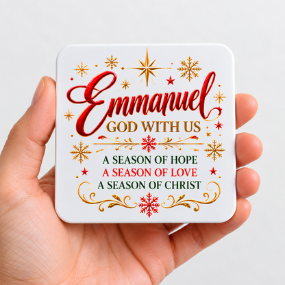 Festive Christian Christmas Coaster "Emmanuel God With Us A Season of Hope A Season of Love A Season of Christ" Graphic Glossy Hardboard 9x9cm Drinks Mat – Red & Golden Script Holiday Tableware Gift | Fast Dispatch by UK Seller (C3056)