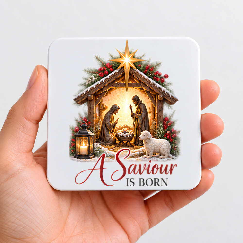 Christmas Nativity Hardboard Coaster "A Saviour Is Born" Graphic 9cm x 9cm Square Drinks Coaster “Holy Family Manger Scene with Lamb, Star of Bethlehem & Lantern Novelty Mat | Christian Glossy Gift | Fast Dispatch by UK Seller (C3048)