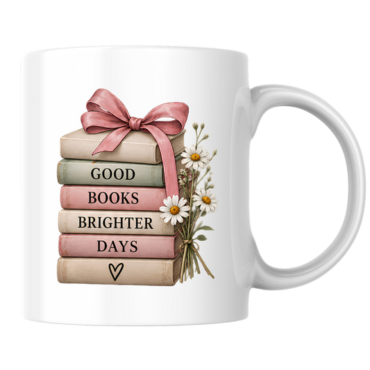 Book Lover Mug "GOOD BOOKS BRIGHTER DAYS" Cottagecore Floral 325ml Ceramic Coffee Mug Aesthetic Bookish Tea Cup with Vintage Book Stack, Pink Ribbon & Daisy Graphic Gift | Available in Multicolours | Fast Dispatch by UK Seller (M3008)