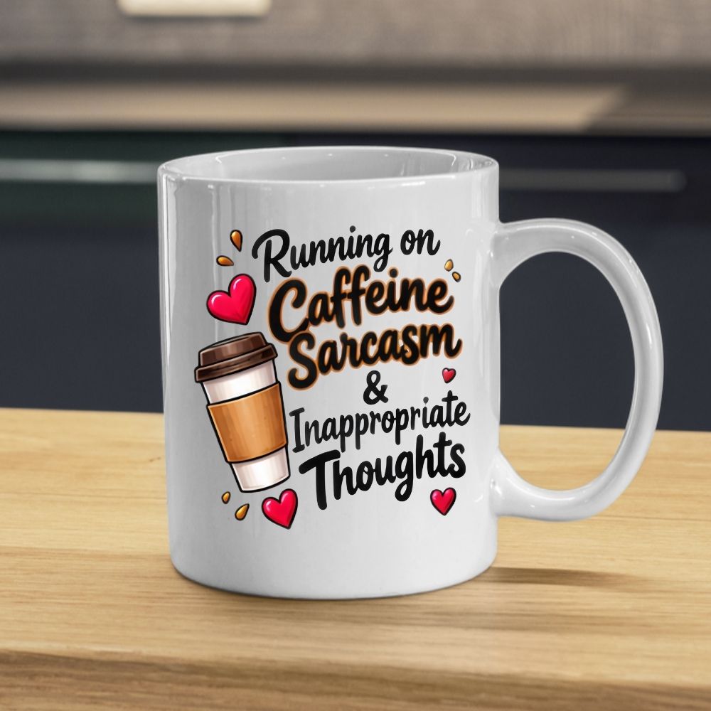Sarcastic Mug "Running on Caffeine Sarcasm & Inappropriate Thoughts" 325ml Ceramic Coffee Mug Funny Coffee Lover Tea Cup with Takeaway Cup & Hearts Graphic Gift | Available in Multicolours | Fast Dispatch by UK Seller (M1305)