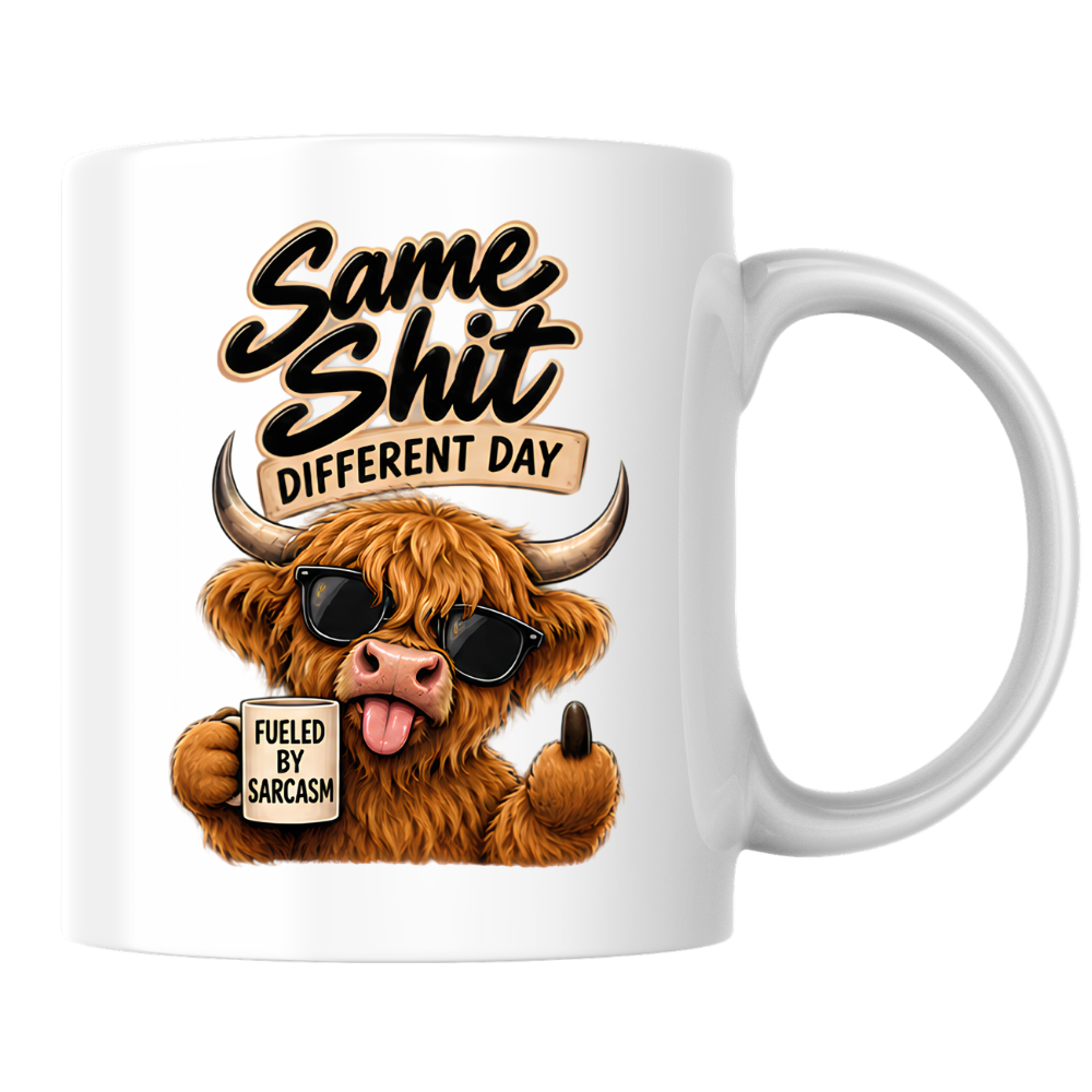 Sarcastic Mug "SAME SHIT DIFFERENT DAY" Highland Cow 325ml Ceramic Coffee Mug Novelty Highland Cow Tea Cup with Sunglasses, Middle Hoof & "Fueled By Sarcasm" Mug Graphic Gift | Available in Multicolours | Fast Dispatch by UK Seller (M3086)