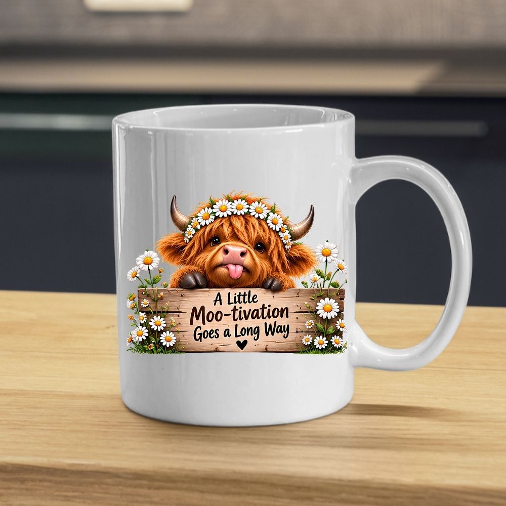Inspiring Mug "A Little Moo-tivation Goes a Long Way" Highland Cow 325ml Ceramic Coffee Mug Cute Animal Tea Cup with Daisy Flower Crown & Wooden Sign | Available in Multicolours | Fast Dispatch by UK Seller (M1278)