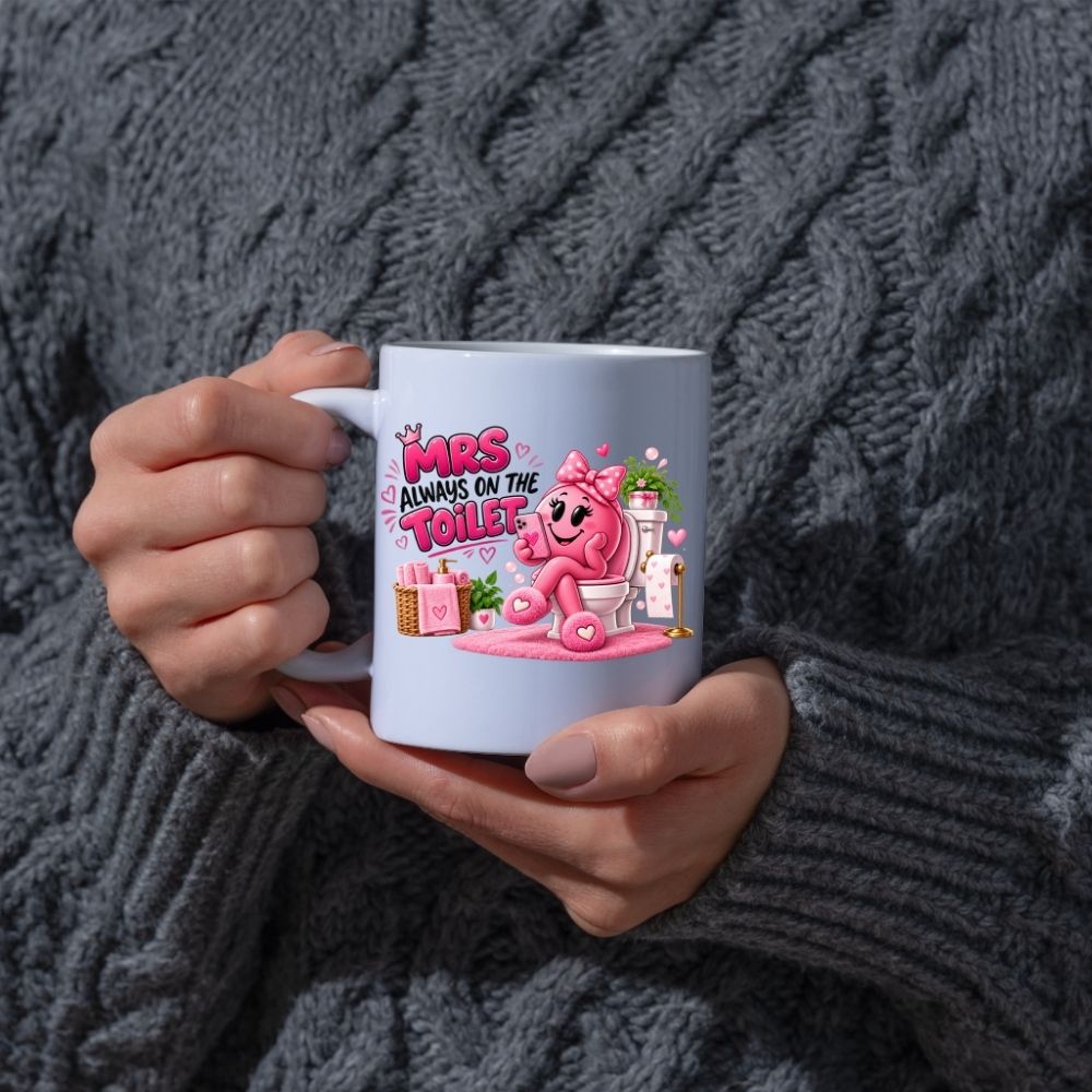 Funny Mug "Mrs Always On The Toilet" Pink Phone Addict Bathroom Humour Ceramic Coffee Cup 350ml, Cute Novelty Gift for Wife Girlfriend Mum Sister Best Friend, Birthday Christmas Secret Santa Mothers Day Gag Present | Fast Dispatch by UK Seller (M1021)