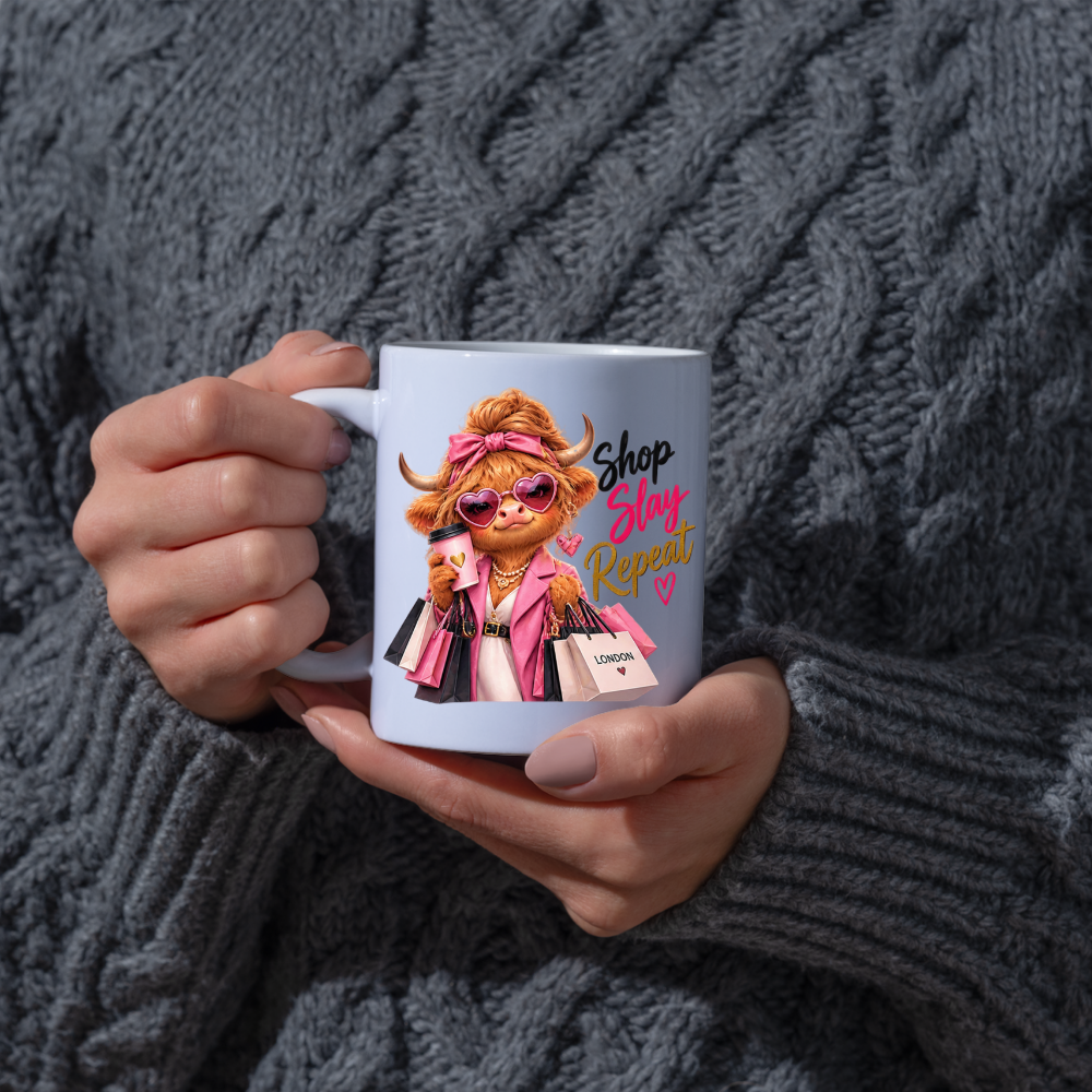 Shopping Mug "Shop Slay Repeat Highland Cow" Shop Slay Repeat Highland Cow 325ml Ceramic Coffee Mug – Glamorous Pink Fashion Shopping Tea Cup With Heart Sunglasses Coffee Graphic Gift | Available in Multicolours | Fast Dispatch by UK Seller (M3196)