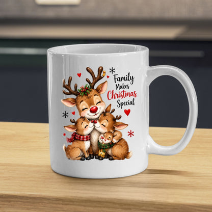 Heartwarming Mug "Family Makes Christmas Special" Reindeer Family 325ml Ceramic Coffee Mug Cute Winter Holiday Tea Cup with Snuggling Little Reindeer & Hearts Gift | Available in Multicolours | Fast Dispatch by UK Seller (M1261)