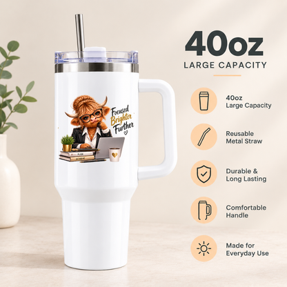 Sassy Highland Cow Travel Tumbler "Focused Brighter Further" Graphic 40oz Stainless Steel Insulated Travel Mug with Handle & Straw – Professional Cow in Suit Jacket, Glasses, Laptop & Coffee Novelty Travel Cup | Fast Dispatch by UK Seller (T3024)