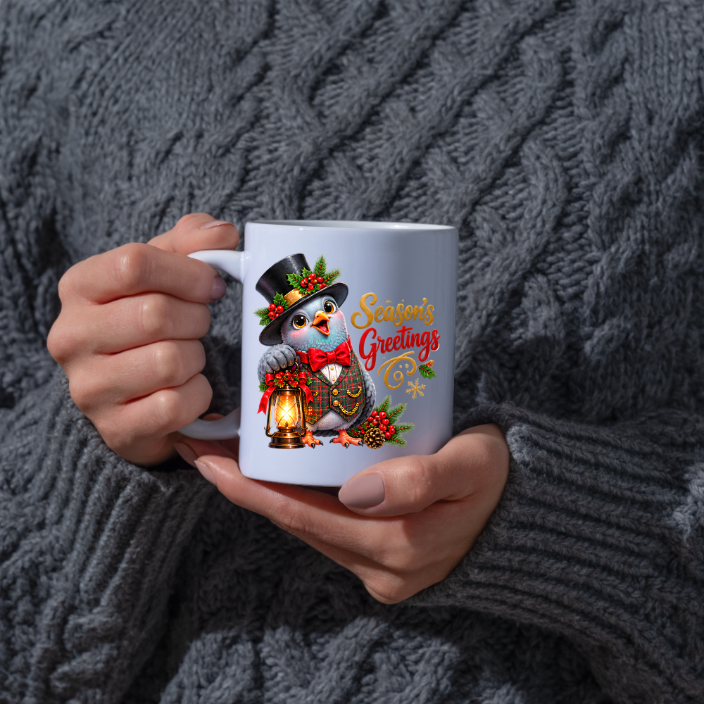 Holiday Mug "Season's Greetings Gentleman Bird" 325ml Ceramic Coffee Mug – Dapper Victorian Christmas Bird in Top Hat & Plaid Vest Holding Vintage Lantern Festive Holiday Gift | Available in Multicolours | Fast Dispatch by UK Seller (M3267)