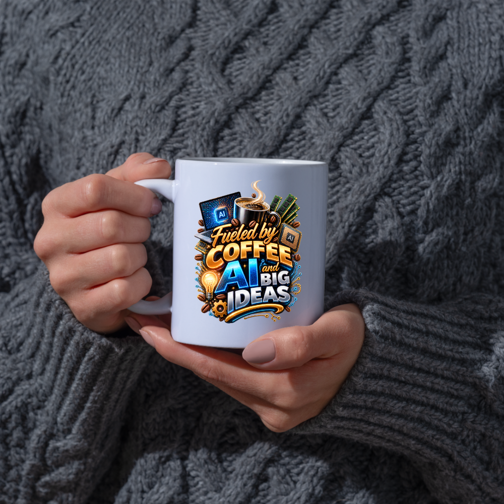 Tech Mug "Fueled By Coffee AI And Big Ideas" Fueled By Coffee AI And Big Ideas 325ml Ceramic Coffee Mug – Tech Programmer Mug with Laptop, CPU Chip & RAM | Gift for Developers & IT Specialists | Fast Dispatch by UK Seller (M3325)