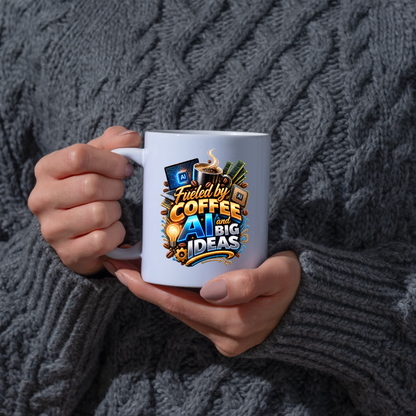 Tech Mug "Fueled By Coffee AI And Big Ideas" Fueled By Coffee AI And Big Ideas 325ml Ceramic Coffee Mug – Tech Programmer Mug with Laptop, CPU Chip & RAM | Gift for Developers & IT Specialists | Fast Dispatch by UK Seller (M3325)