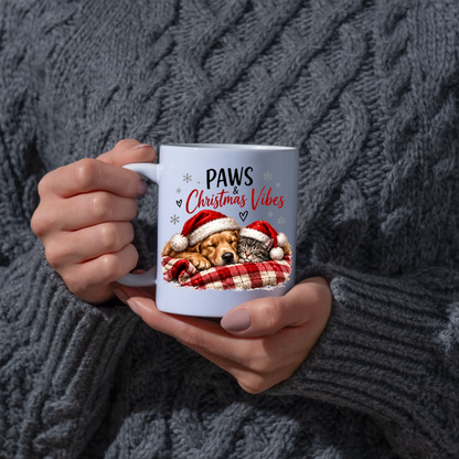 Christmas Dog & Cat Mug "Paws & Christmas Vibes" Paws & Christmas Vibes 325ml Ceramic Coffee Mug – Cute Sleeping Golden Retriever & Tabby Cat in Santa Hats on Plaid Blanket | Festive Holiday Gift | Fast Dispatch by UK Seller (M3405)